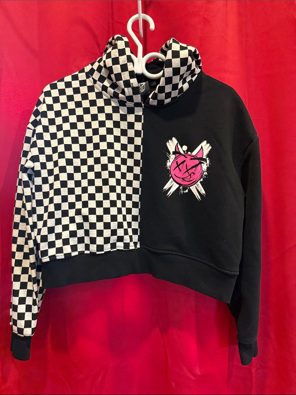 Black & White Checkerboard Cropped Hoodie with Pink Graphic
